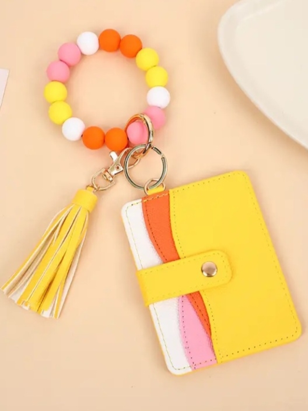 Yellow Tassel Card Holder Keyring with Pink, Orange & White Beads